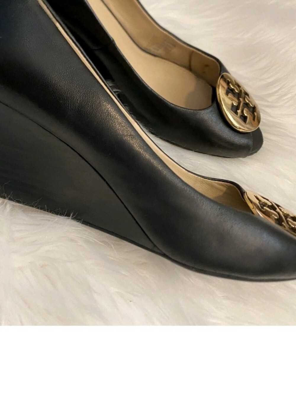 Tory Burch Black Leather Peep-Toe Flats with Gold Logo - Picture 12 of 12